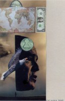 Collage with eagle, all seeing eye pyramid, George W. Bush, dollar bill, map and a portrait of President George Washington from a dollar bill.