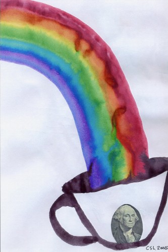 Cup with a rainbow pouring into it. The cup has a portrait of President George Washington from a dollar bill on it.