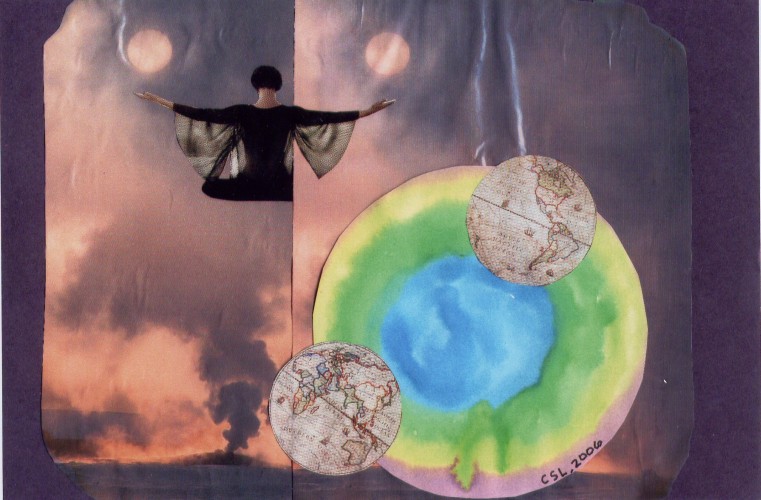 Collage with someone flying in the sky and two globes.