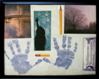 Collage of hand prints, a split pencil and trees