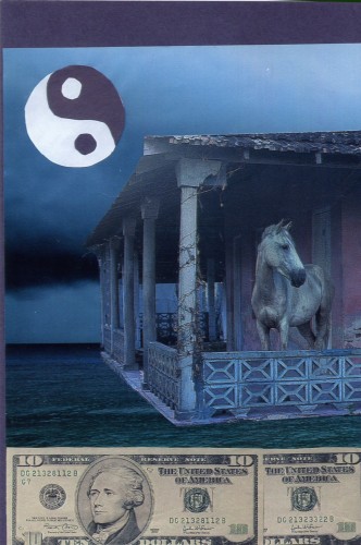 Collage of a horse in a stable over ten dollar bills with a yin-yang symbol above.