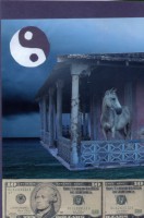 Collage of a horse in a stable over ten dollar bills with a yin-yang symbol above