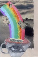 Cup with a rainbow of money pouring into it. The cup has an eye on it