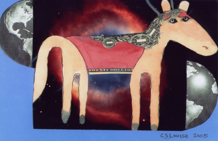 Collage of horse between split halves of a Globe. The horse has a mane made out of one dollar bills.