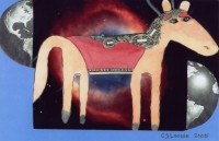 Collage of horse between split halves of a Globe. The horse has a mane made out of one dollar bills.