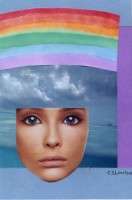 Collage with a rainbow in the sky with a cut out woman's face