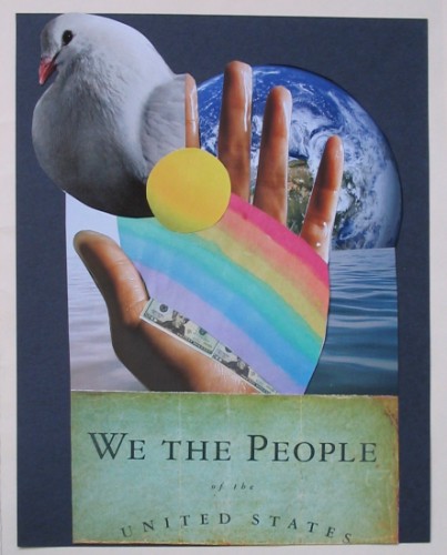 Collage of a hand holding a rainbow and money next to a white bird. Under the hand is the US constitution, water and earth.