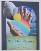 Collage of a hand holding a rainbow and money next to a white bird. Under the hand is the US constitution, water and earth